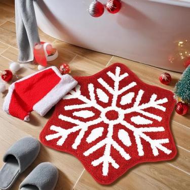 Imagem de Vanleonet Tapete de banheiro vermelho de Natal com floco de neve, tapete de banho absorvente antiderrapante para inverno, tapete de banho macio para banheiro, banheira de chão, decoração de Natal