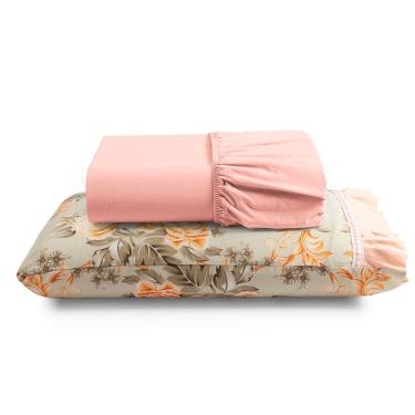 Imagem de Jogo Cama Lençol Fiore Solteiro Estampado 180 Fios 100% Algodão com Babadinho 2 Peças Salmão Floral