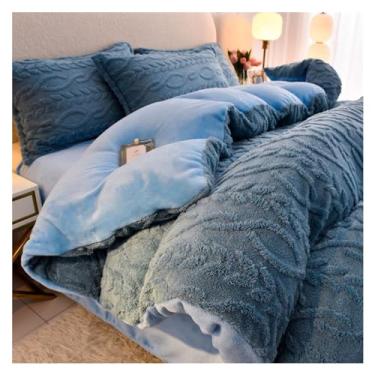 Imagem de Conjunto de capa de edredom fofo - conjunto de capa de edredom queen tufado - extremamente macio inverno espesso quente lã de leite cama de quarto sem fronha (azul 200 x 230 cm)