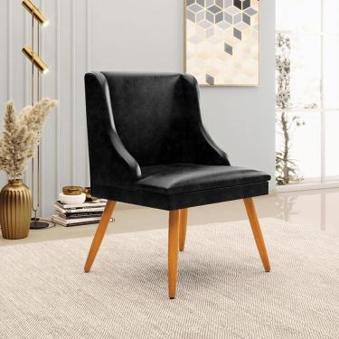 Imagem de Cadeira Decorativa Sala de Jantar Pés Palito de Madeira Firenze PU Preto Brilho/Natural G19 - Gran Belo