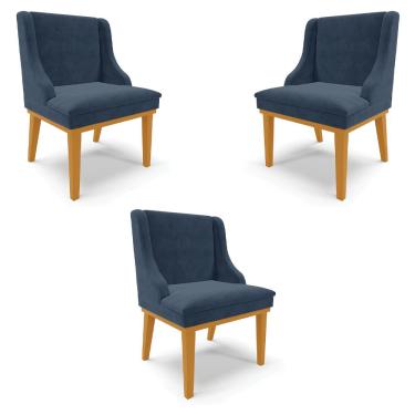 Imagem de Kit 3 Cadeiras Decorativas Sala de Jantar Base Fixa de Madeira Firenze Suede Azul Marinho/Castanho G19 - Gran Belo