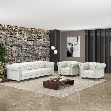 Imagem de Conjunto Sala de Estar 1 Sofá Living 240cm e 2 Poltronas Stanford Chesterfield Pés Madeira Couro Branco Manchado G58 - Gran Belo