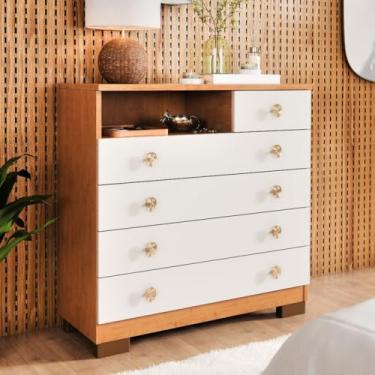 Imagem de Cômoda 5 Gavetas Para Quarto Adulto Multiuso (Off Canela)