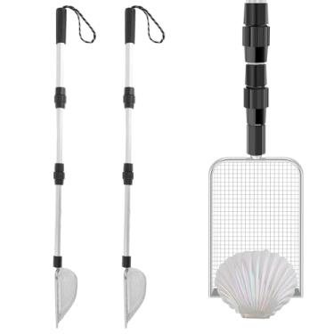 Imagem de HSHGZSR 2 peças peneira de areia de praia de aço inoxidável peneira de dente de tubarão com alça extensível peneira de areia removível concha de areia portátil pá de praia ferramenta de peneira de