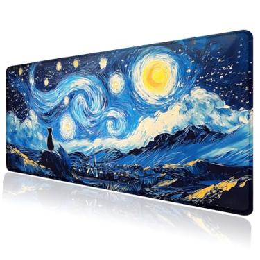 Imagem de Tapete de rato grande, arte de gato preto, céu estrelado, tapete de mesa, teclado de computador, base de borracha antiderrapante, à prova d'água, com bordas costuradas para jogos de laptop, escritório