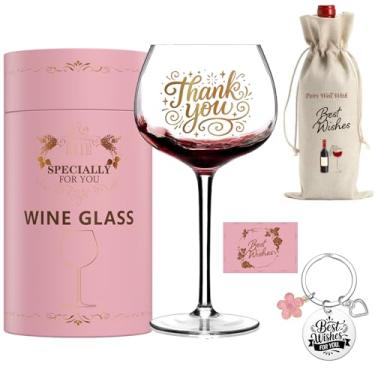 Imagem de GALOFAY Presentes de agradecimento para mulheres taças de vinho, conjunto de taças de vinho personalizado, pacote com taça, saco de vinho, chaveiro e cartão de agradecimento para mulheres amigas