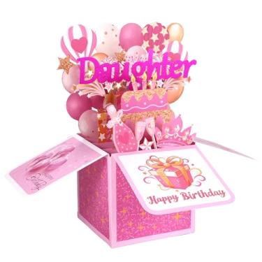 Imagem de Cartão de Aniversário Pop-Up para Filha, Balões 3D Coloridos Fogos de Artifício e Champanhe Cartão Feliz Aniversário com Envelope Caixa Presente Pop-Up Dobrável para Filha