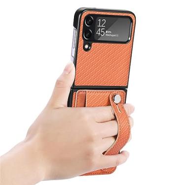 Imagem de Estojo tipo carteira de fibra de carbono para Samsung Galaxy Z Flip4 Flip 4 5 Flip3 Flip 3 Flip5 Zflip4 Pulseira titular do cartão, marrom, para samsung Z Flip 3