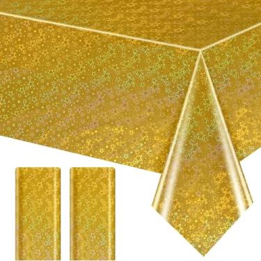 Imagem de Siwujia Capa de toalha de mesa descartável de plástico descartável: 137 x 272 cm com estampa de estrela dourada retangular à prova d'água para festa de aniversário de casamento e aniversário (pacote