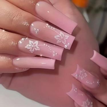 Imagem de Kit de unhas de pressão quadrado longo rosa falso cola em unhas com design simples de flores pérolas cobertura completa bastão falso artificial em unha de acrílico para mulheres 24 peças