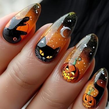 Imagem de Pregos de pressão de Halloween unhas pretas de amêndoa média gato abóbora rosto acrílico unhas postiças laranja com design de lua cola em unha capa completa brilhante bastão em unhas kits de manicure