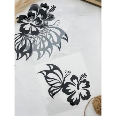 Imagem de Adesivos de carro à prova d'água de PVC 4 folhas, borboleta autoadesiva preta com flor de hibisco, decalque de vinil para motocicleta capacete janela decoração de casa, 13,7 x 13,7 x 0 cm