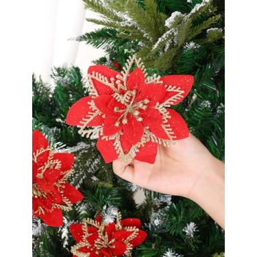 Imagem de 5 peças de Natal multicamadas 3D decoração de flores artificiais poinsétia falsa enfeite de árvore de natal decoração de casa festiva vermelho 13 cm