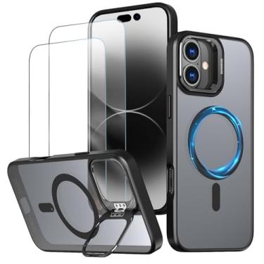 Imagem de Capa magnética para iPhone 16 Capinha - Inclui 2 protetores de tela [Suporte para celular] [Compatível com carregamento sem fio] Case Skin-touch para iPhone 16 - Preto