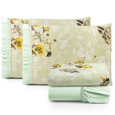 Imagem de Jogo Cama Lençol Fiore Queen Estampado 180 Fios 100% Algodão Com Babadinho 4 Peças Verde Floral