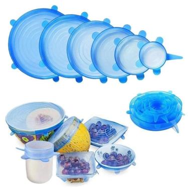 Imagem de Kit 6 Tampas Ajustaveis Silicone Flexivel Potes Panelas Kit Jogo Latas Tampa Redonda Quadrada Universal Lavavel Reutiliz