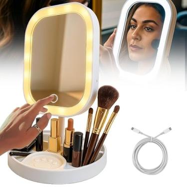 Imagem de Espelho de Maquiagem com Luz LED Sensor Touch 3 Tonalidades Ajuste de Brilho Recarregável Base Porta Maquiagem Bateria 3200mAh Portátil Luz Profissional