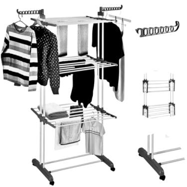 Imagem de Varal de Chão 3 Andares Dobrável com Rodas – Multi Varal Portátil de Aço e ABS, Regulável, Antiferrugem, Suporta até 48kg e 100 Peças de Roupa Cor Cinza