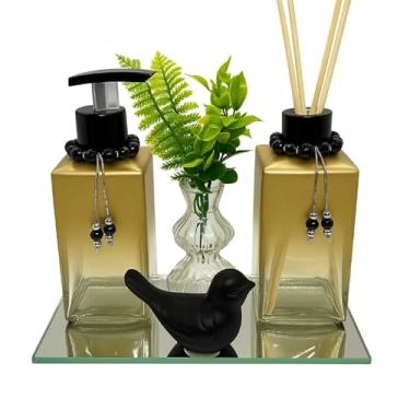Imagem de Kit Lavabo Luxo com Saboneteira e Difusor – Conjunto Decorativo com Bandeja Espelhada, Passarinho e Vaso com Folhagem (PRETO)