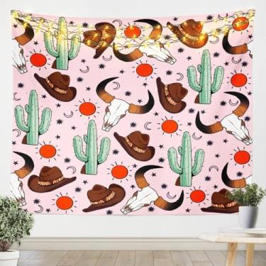 Imagem de Feelyou Tapeçaria de decoração ocidental para crianças meninos meninas rosa Howday cobertor de parede grande 150 x 208 cm chapéu de cowboy pendurado na parede vaca caveira arte de parede vintage