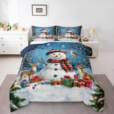 Imagem de Feelyou Conjunto de cama de boneco de neve, macio, para meninos e meninas, decoração de Natal, tamanho casal, edredom com floco de neve, microfibra para decoração de quarto, 3 peças com 2 fronhas