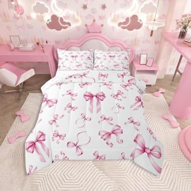 Imagem de Feelyou Conjunto de edredom com laço de aquarela, tamanho casal, para crianças, meninos, meninas, rosa, com laço, decoração de quarto, microfibra, 3 peças com 2 fronhas