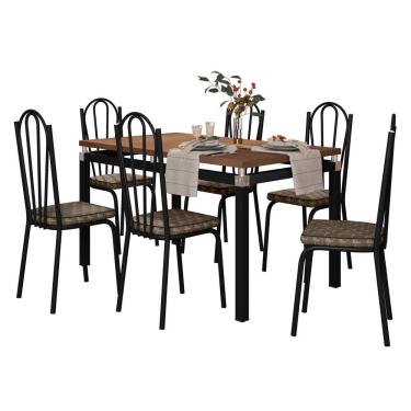 Imagem de Kit Mesa De Jantar Marva 136cm Com 06 Cadeiras Alabama Palha Ferro Preto - Pallazio