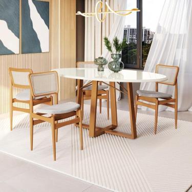 Imagem de Conjunto Sala De Jantar Madeira Maciça 4 Cadeiras Kappesberg Off White Linho Claro Tela Bege