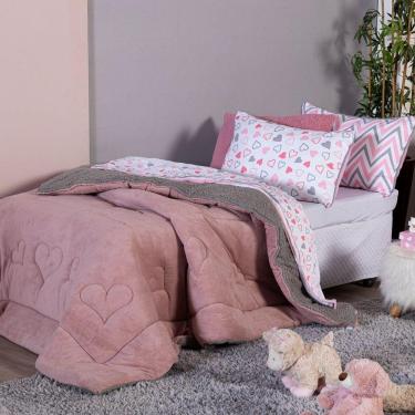 Imagem de Coberdrom Corações Rosê/cinza Solteiro 02 Peças - Dupla Face Sherpa E Mantinha