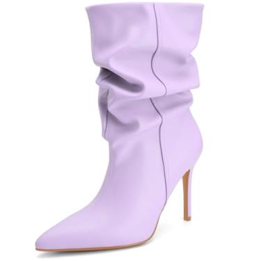 Imagem de Perisis Botas femininas de cano médio despojadas, salto alto, bico fino, botas confortáveis para outono e inverno, PU roxo claro, 40