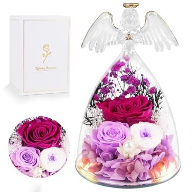 Imagem de YOFIT Estatuetas de anjo com rosas preservadas e luz quente - presentes de aniversário para mulheres, mãe, avó, presente exclusivo para Natal, aniversário, simpatia, decoração de casa memorial (roxo)