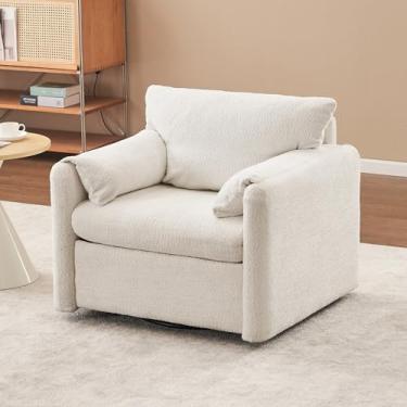 Imagem de QUOPID Cadeira giratória com destaque, cadeira ergonômica de leitura com almofada de alta resiliência, sofá individual de tecido chenille para sala de estar e quarto, branco marfim