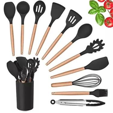 Imagem de Kit 12 Utensílios de Cozinha em Silicone Cabo Madeira Conjunto Jogo Completo Espátula Concha Colher Resistente Alta Temperatura.
