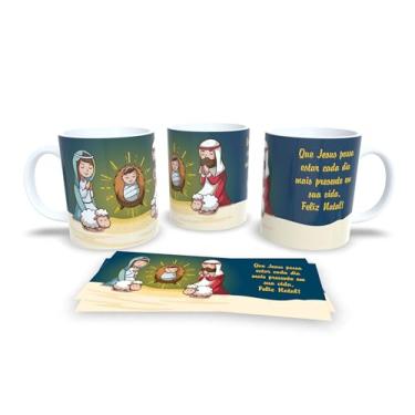 Imagem de Caneca Natalina Família Feliz, Porcelana Branca com Design Preto e Dourado, Decoração de Natal com Mensagem em Português (2305)