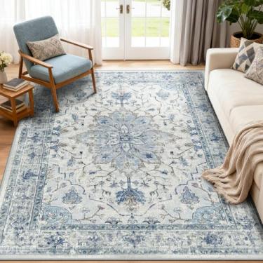 Imagem de RELEANY Tapetes de área 1,5 x 18 m lavável aspirador de pó, antiderrapante, estampa floral vintage tapete medalhão para sala de estar quarto azul claro marinho bege cinza branco