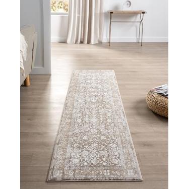 Imagem de RUGGERRUGS Tapete de área floral tradicional âmbar para cozinha, corredor neutro bege vintage de inspiração persa, tapete médio resistente a manchas para quarto, corredor ou entrada (5 x 18 cm, bege)