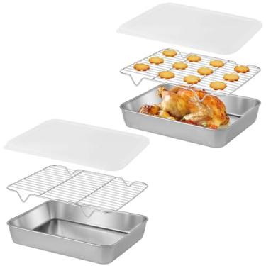 Imagem de Conjuntos de panificação, com bandejas de forno para servir, conjuntos inoxidáveis, 2 tampas de resfriamento, prateleiras 3 em 1 e assadeiras retangulares herméticas de aço e panelas, assar, bandejas