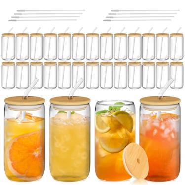 Imagem de Copos de vidro de 473 ml com tampas de bambu e canudos de vidro - Conjunto de 30 copos de bebida, xícara de café gelado, copo para café, suco, chá, refrigerante, smoothie, coquetel inclui escovas de