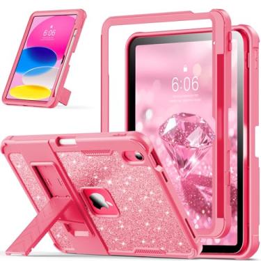 Imagem de INFILAND Capa infantil para iPad A16 11 polegadas 11ª geração, iPad 10ª geração, capa protetora resistente à prova de choque com suporte, capa fofa de glitter para meninas, mulheres, rosa (rosa)