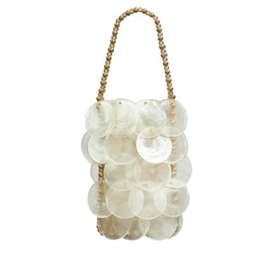 Imagem de BCVWQXA Bolsa feminina moderna de tecido de concha chique bolsa de praia com contas bolsa de corrente para viagem de verão festa na praia, Branco