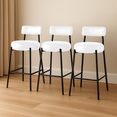 Imagem de Banqueta Cozinha Média com Encosto Industrial Preto Kit 3 Londres PU Branco D03 - D'Rossi