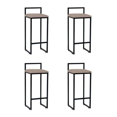 Imagem de Kit 4 Banquetas Altas Industriais Em Aço Dori Preto Assento Suede Bege - Preto