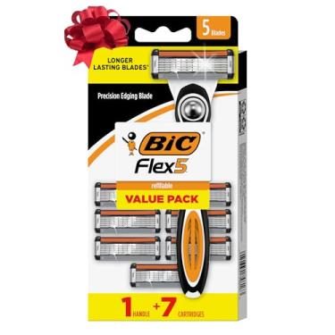 Imagem de BIC Lâminas de barbear Flex 5 recarregáveis para homens, 5 lâminas de longa duração para um barbear suave e confortável, 1 alça e 7 cartuchos, kit de barbear de 8 peças