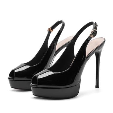 Imagem de Sapato stiletto feminino plataforma peep toe slingback moderno bico de peixe bico redondo fivela traseira sola grossa salto alto para formatura, encontro, festa, compras, casamento, Preto, 35