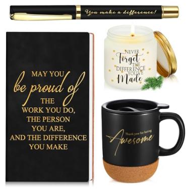 Imagem de Sayglossy Conjunto de 4 peças pretas de agradecimento para homens e mulheres, reconhecimento de equipe, caderno de agradecimento inspirador de Natal, caneca de café, caneta de vela perfumada, presente