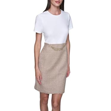 Imagem de Karl Lagerfeld Vestido feminino de manga curta tonal tweed saia corrente guarnição cinto mergulho crepe evasê, Cáqui branco macio, 44