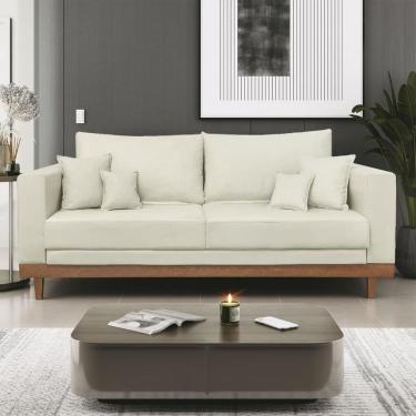 Imagem de Sofá 3 Lugar Base Reforçada Madeira Tecido Suede + Almofada Bege