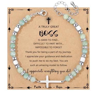 Imagem de JoycuFF Presentes Cristãos para Mulheres Pulseira Cruzada Fé Páscoa Católica Religiosa Joias Cristãs, Batismo Significativo Comunhão Contas Naturais Pulseiras, 7, Sem Pedra Preciosa