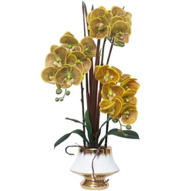 Imagem de CXGS Orquídeas flores artificiais toque real flor falsa em vaso de cerâmica 50,8 cm manchas amarelas planta de orquídea sintética seda realista Phalaenopsis para centro de mesa, hotel, casa, decoração