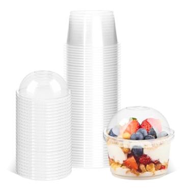 Imagem de piopiocoing Pacote com 50 tigelas de sobremesa descartáveis transparentes de 227 g com tampas de cúpula, copos redondos de plástico com tampas para parfait de iogurte, copos de lanche para pudim de